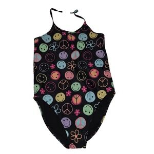 The Children's Place Girls XXL 16 One Piece Swimsuit Smiley Peace UPF 50+ Black